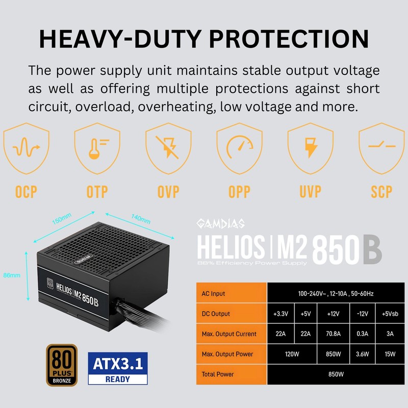 GAMDIAS ATX 3.1 & PCIe 5.1 850W Bronze PSU, 850W