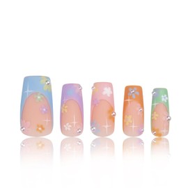 LOVFUL Press on Nails Summer Breeze Blue French Tip| Handmade with Full Covered Crystals | Reusable Fake Nails | Square Regular 1.0 in | H216M