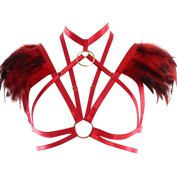 PETMHS Women's Harness Women Gothic Feather Adjustable Body Caged Bra Style Lingerie Sling Full Body Feather Bralette Strap Full Body Set Festival Rave Halloween Burning Man Wing, red