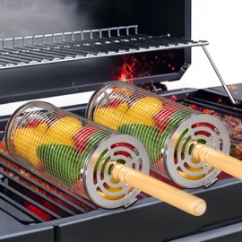 FrutPunch Grill Basket 2 Pcs, Stainless Steel Grilling Accessories,Rolling Grill Baskets for Outdoor Grill with Wooden Handle, Practical Grilling Gifts for Men (2PCS(A Large and A Medium))