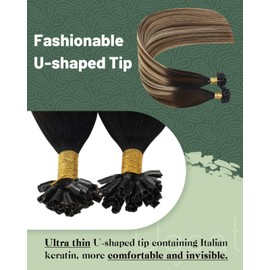 Ugeat Balayage Bonding Extensions, U Tip Real Hair Extensions, Bonds, Black to Caramel Blonde to Dark Brown, 35 cm, 50 Strands/Pack