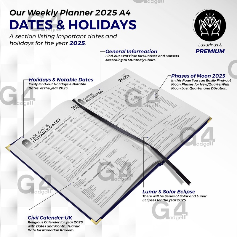 G4GADGET 2025 A4 Week To View Blue Diary Week On