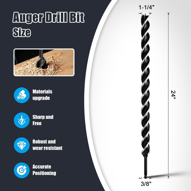 1-1/4" x 24" Auger Drill Bit for Wood, Hex Shank