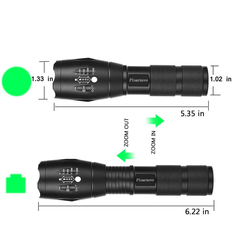 Hunting Flashlight - Green LED Handheld Light - Zoomable, Water
