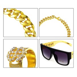 Lotsdonxia 80s & 90s Retro Costume Set Gold Chains Dollar Sign Necklace Wig and Sunglasses Party Accessories for Disco Parties and Hip-Hop Gatherings