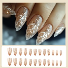 Medium Press on Nails Almond Fake Nails with Designs Gold Glitter French Tip False Nails Acrylic Nails Glue on Full Cover Artificial Nails Stick on Nails for Women 24 Pcs Nail Supplies