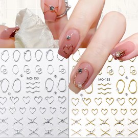 2 Sheets Irregular Bronzing Nail Art Stickers 3D Self Adhesive Gold Silver Frame Nail Stickers with French Line Rhinestone Nail Decals Circle Engraved Manicure Decals for Women Girls Nail Decorations