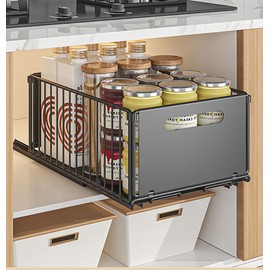 YunNasi Pull Out Cabinet Organizer Slide Out Drawer Storage Shelves Cupboard Organiser Sliding Cabinet Basket for Kitchen No Drilling and Nailing (Black, 1Piece 9.8" W X15 D X 7.5" H)