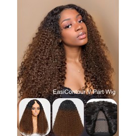 Ombre Brown V Part Curly Wigs Human Hair No Leave Out for Women,1b/30 10A Brazilian Balayage Highlight Glueless V Part Wigs with 5x2.5 inch Lace Beginner Friendly 180% Density 22inch