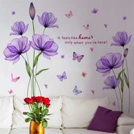 SMAOSTORE Purple Flower English Purple Flower Flower Butterfly Stylish Floral Large Blooming Plants Children's Room Entrance Hall Bedroom Kindergarten Living Room Bedroom Background Wall Sticker