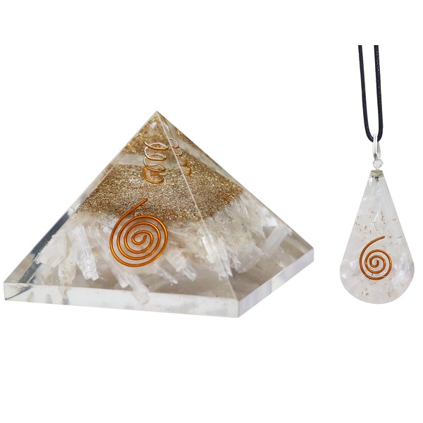 Crocon Selenite Orgone Crystal Pyramid with Pendant for Pyramids Healing Stone orgonite Gemstone Pyramid Stones Reiki Crystal Chakra organite Home Enlightened Size 2.5 inch