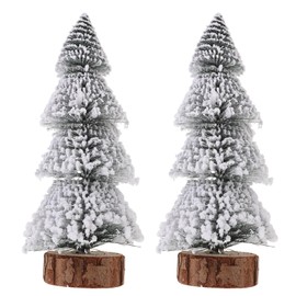 Cabilock Pack of 2 Miniature Christmas Tree, Mini Christmas Tree, Artificial Christmas Tree, 20 cm, Small Pine Tree with Wooden Base, Snow Effect for Christmas Party, Table Decoration, Gift