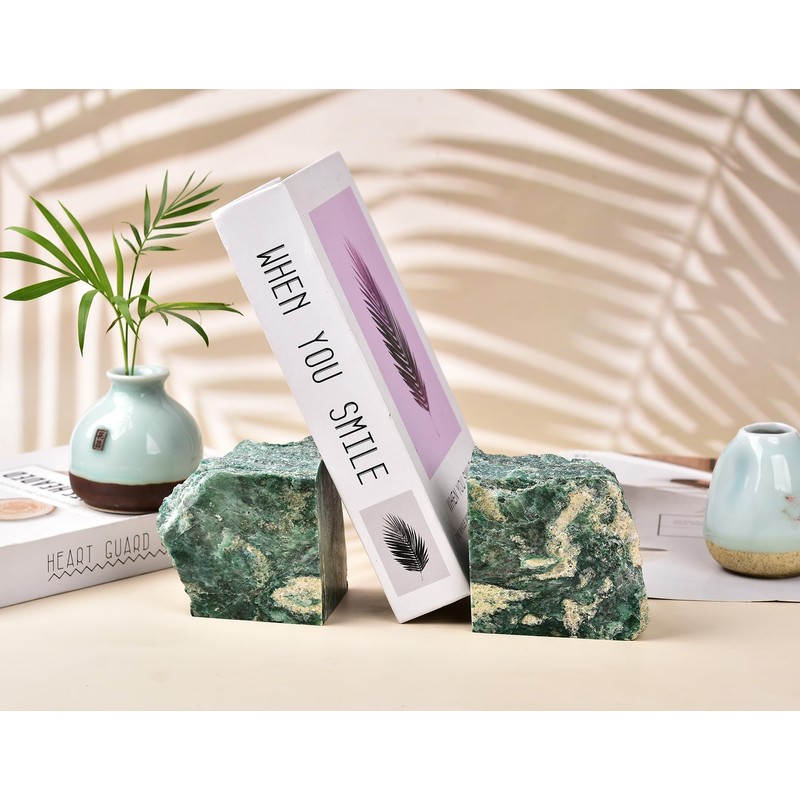 AMOYSTONE Heavy Sturdy Bookends | Natural Green Mica Stone 6-8LBS
