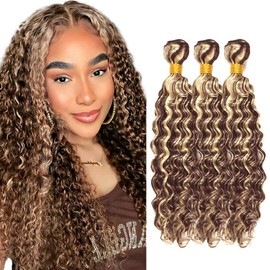 Ombre Brown Human Hair Bundles Highlight Human Hair Bundles #4 Deep Wave Bundles 12 14 16 Inch P4/613 Bundles Two Tone Brown Mix Blonde Bundles Brown Soft and Shiny Hair Extensions