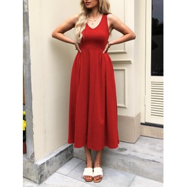 Mieazom Women Summer Sleeveless Casual Dresses Pleated Waist Elegant Midi A-Line Flowy Swing Dress Sundress with Pockets Red M