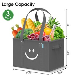 WISELIFE Reusable Grocery Bags 3 Pack - Collapsible Tote Shopping Bags with Sturdy Handles & Bottom to Stands Upright, Grey