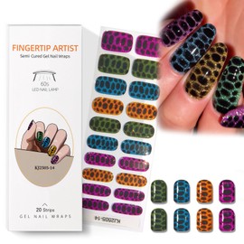 Semi Cured Gel Nail Strips with Leopard Designs Colorful Glitter Nail strips Fall Wraps Salon Quality & Easy to Use 20 Pcs for Women