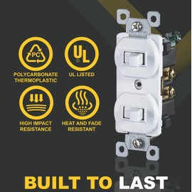 Faith White Double Light Switch (2-Pack) | Two Single-Pole Wall Light Switches in 1-Gang Fixture | 15-Amp Duplex Toggle Switches for Home Improvement | Grounding Screw & Matching Wall Plate Included