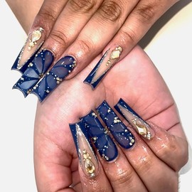 Lomxene Square Press on Nails Long Fake Nails XL Glue on Nails Rhinestones False Nails Butterfly Acrylic Nails Y2K Nail Press ons Blue French Artificial Nails for Women 24Pcs (3D Square Long Nails)