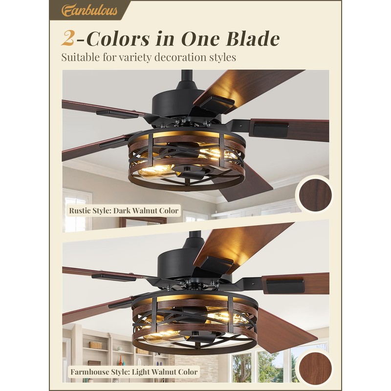 Farmhouse Ceiling Fans with Light, 48 Inch Bedroom Ceiling Fan
