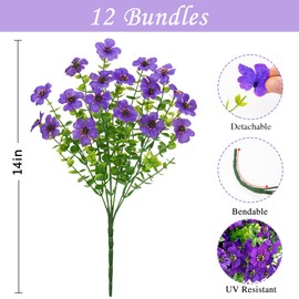 Artificial Flowers for Outdoors, 12 Bundles Faux Plants Outdoor, UV Resistant Artificial Plants Outdoor, Silk Outdoor Fake Artificial Flowers for Outside Home Decor Planter Porch Decoration, Purple