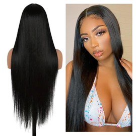 12" Straight Natural Black Glueless 1/4 Lace Front Wig for Black Women Heat-Resistant Synthetic Hair, Pre-Plucked Hairline for Daily & Party Wear (Black)