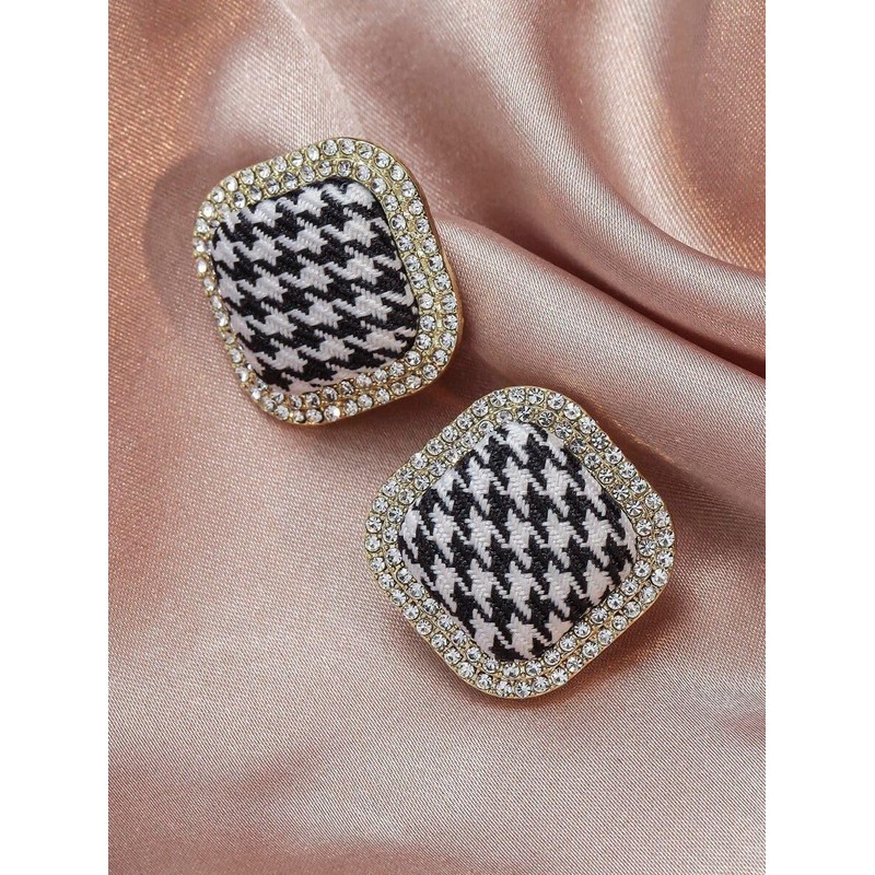Statement Earrings for Women Vintage Checkered Black and White Rhinestone