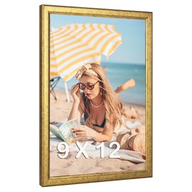 MOUDAMION Wood 9x12 Frame Gold, Ornate Natural 12x9in Poster Picture Frame, Modern Golden 9 x 12inch Gallery Wall Photo Frame with HD Plexiglass, Horizontal Vertical Wall Mounting Display 1pcs