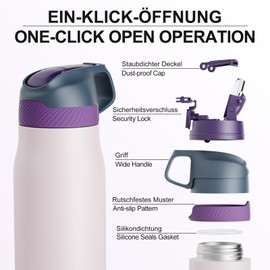 Fjbottle Stainless Steel Sports Water Bottle with Straw 550 ml / 710 ml - One-Click Opening Children's Water Bottle BPA Free for School/Fitness/Yoga