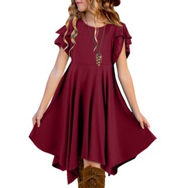 blibean Tween Girls Summer Dress Boho Short Sleeve Dresses Cute Clothes High Low Outfits Teen Trendy Clothing Size 12-13 Years Old Dark Red