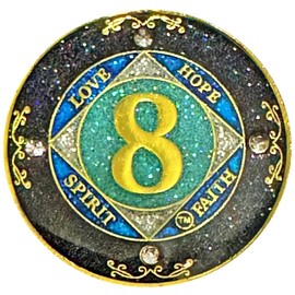 (1-50 Years) NA 8 Year Crystals and Glitter Medallion, Golden Color Plated Coin, Black Rainbow, Blue Glitter and Four Clear Crystals (NA 8 Year Crystals and Glitter, Gold Color Medallion)