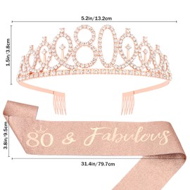 Oblihumoy Birthday Sash for Women, 80th Birthday Decorations 80th Tiara for Women, Rose Gold Party Sash Tiara Set