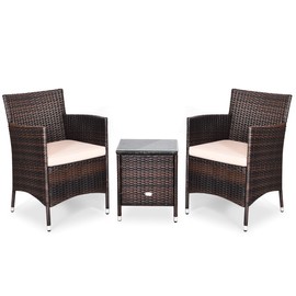 DORTALA 3 Piece Patio Furniture Set, Outdoor Rattan Conversation Set with Coffee Table, Chairs & Thick Cushions, Patio Sectional Sofa Set, Wicker Bistro Set for Patio Garden Lawn Backyard Pool, Beige