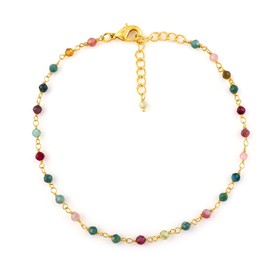 CRYSTALINES Natural Multi Tourmaline Gemstone Beads Cluster Anklet, Hand-Crafted Gold Plated Anklet, Bohemian Rosary Chain, October Birthstone, Simple Ankle Bracelet Gift for Women (9+1.50inch)