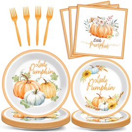96 Pcs Little Pumpkin Baby Shower Tableware Set Fall Party Supplies Gender Reveal Dinnerware Pumpkin Baby Shower Party Decorations Disposable Thanksgiving Plates Napkins Party Favors Serves 24 Guests