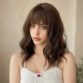 Smilco Chic Lady Black Bob Curly Wig with Thick Body Wave Style and Bangs for Everyday Wear and Role-playing Model SM210-4color: Dark brown, Stretched Length: 16 Inches