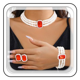 Brishow Red Jewelry Sets Layered Pearl Choker Wedding Necklace and Earring Set for Women (3 Layered, Red)