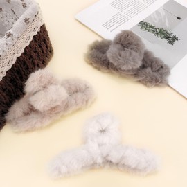 TIHEBAX Fuzzy Hair Clips 3PCS 5.5IN Fluffy Claw Clip Neutral Large Claw Clips for Thick&Long Hair Strong Hold Soft Faux Cross Hair Clip for Thin Hair Cute Plush Claws for Women&Girls Beige Khaki Brown