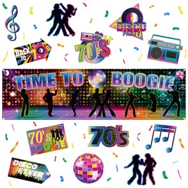 70s Party Decorations Let's Boogie Time to Boogie Banner Backdrop with 12PCS 1970s Party Sign Cutouts Cards Back to 70s Dancing Night Photography Photo Prop 70's Disco Theme Birthday Party Supplies