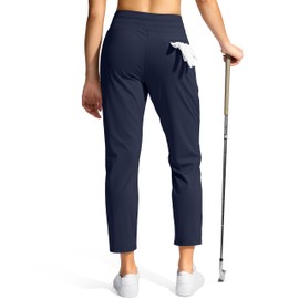 YYV Women's Pants with 3 Pockets High Waisted Golf Athletic Pants 7/8 Stretch Ankle Pants for Women Workout Travel Casual(Navy Medium)