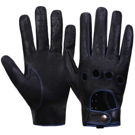 MGGMOKAY Men's Leather Car Gloves Touchscreen Leather Gloves Unlined, Black-Blue (Touch Screen)