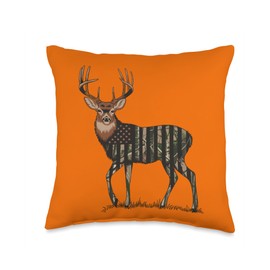 Orange Camo Deer American Flag Hunting Men Dad Deer Hunter Throw Pillow