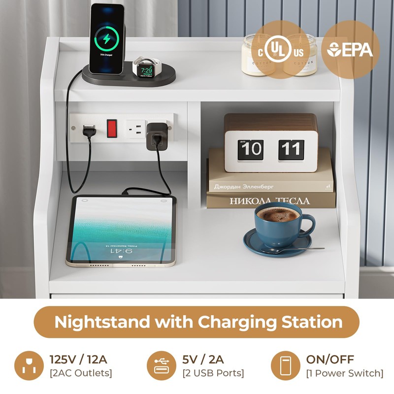 ADORNEVE Nightstand with Charging Station,White Night Stand with Hutch,Bedside Table