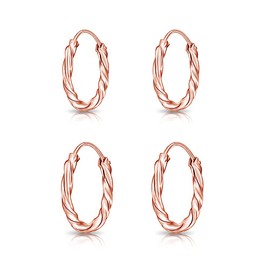 DTPsilver - Set of 2 PAIRS of TINY 925 Sterling Silver Rose Gold Plated Twisted Hoops/Sleepers Earrings - Thickness 1.8 mm - Diameter 10 and 12 mm