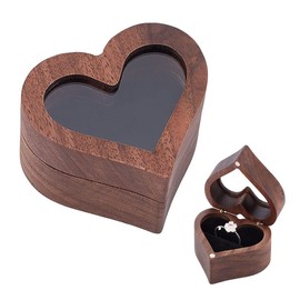 Benecreat 1 Piece Wooden Ring Box, Heart Shape, Walnut, Clear Window, 2.1 x 2.4 x 1.4 inches (5.3 x 6 x 3.75 cm), Jewelry Box, Accessory Case, Stylish, Portable, Proposal, Wedding, Celebration,