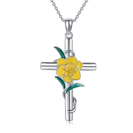 JERWLI Flower Cross Necklace 925 Sterling Silver Carnation/Rose/Lily/Daisy Cross Necklace Birth Flower Jewelry for Women (Daffodil)