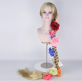 Princess 59Inch Long Blonde Wig - Thick Fluffy Braided Cosplay Costume Wig for Adult with 12pcs Flower