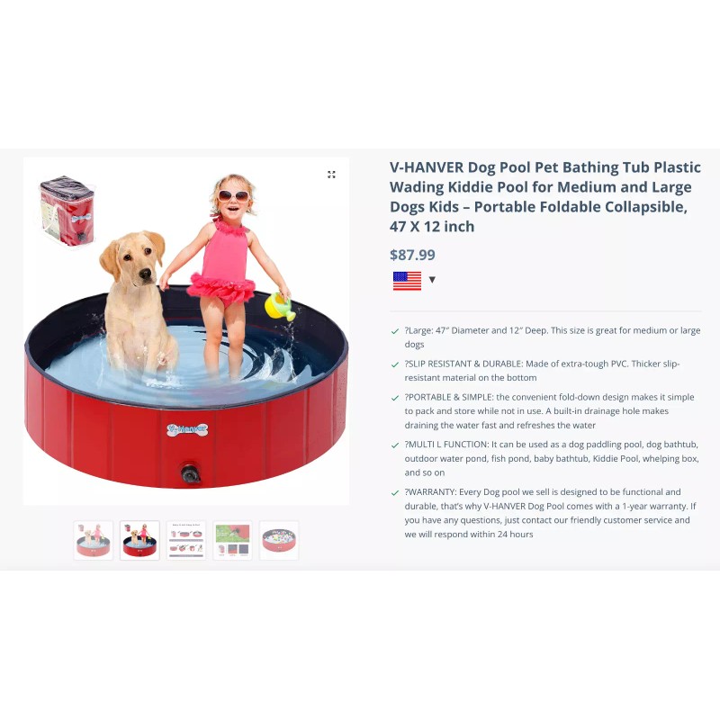 V-HANVER Dog Pool Pets Bathing Tub Plastic Wading Kiddie Pool