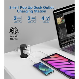 Jgstkcity Pop Up Power Outlet for Countertops & Desks,2.5-Inch Hole Flush, Mount, 20W USB-C, 4 USB Ports, 4 Tamper-Resistant 15A Outlets - Space-Saving Recessed Design,1875W,ETL Listed