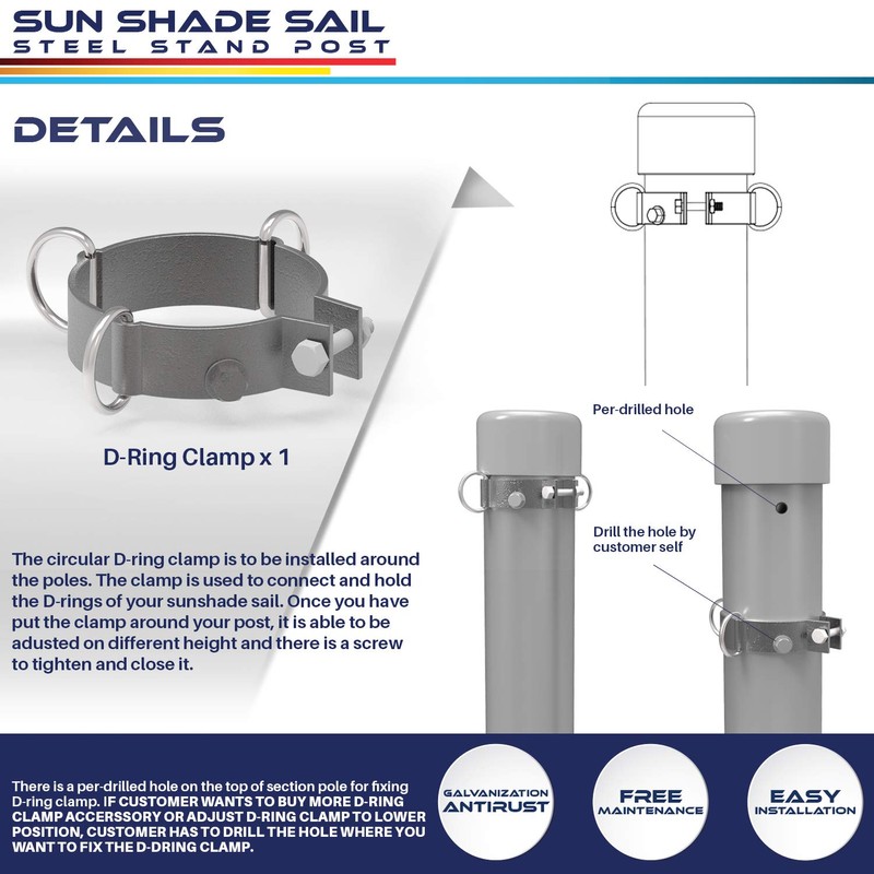 Windscreen4less 3" Diameter D-ring Clamp for Sun Shade Sail Pole,